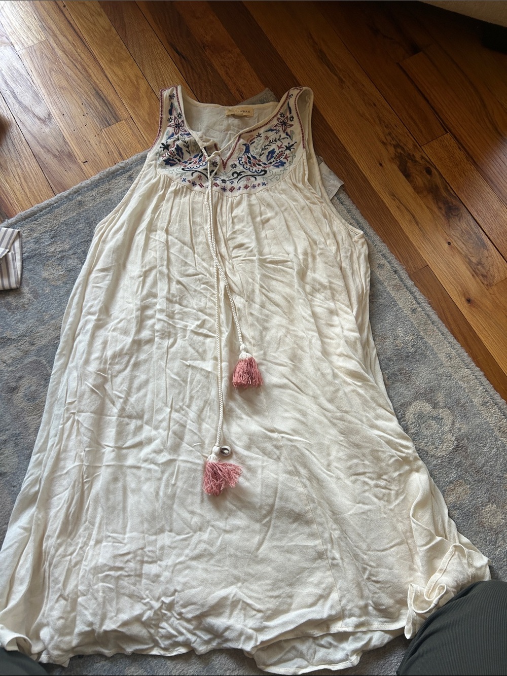 Black Swan Cream Sleeveless Embroidered Sundress with Pink Tassels